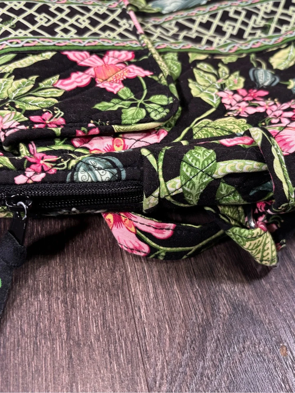 Vera Bradley Black Floral Quilted Backpack with Pink and Green Accents